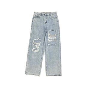 SheIn Distressed Wide Leg Women's size L 8 10 Light Wash Blue Denim jeans   Grea